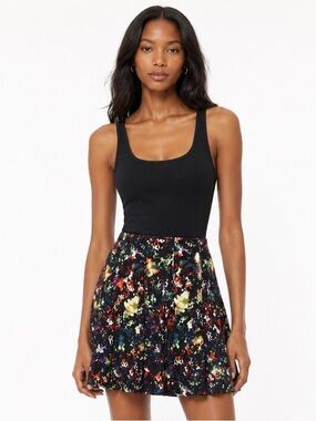 Black Floral Paint-Splash Skater Skirt